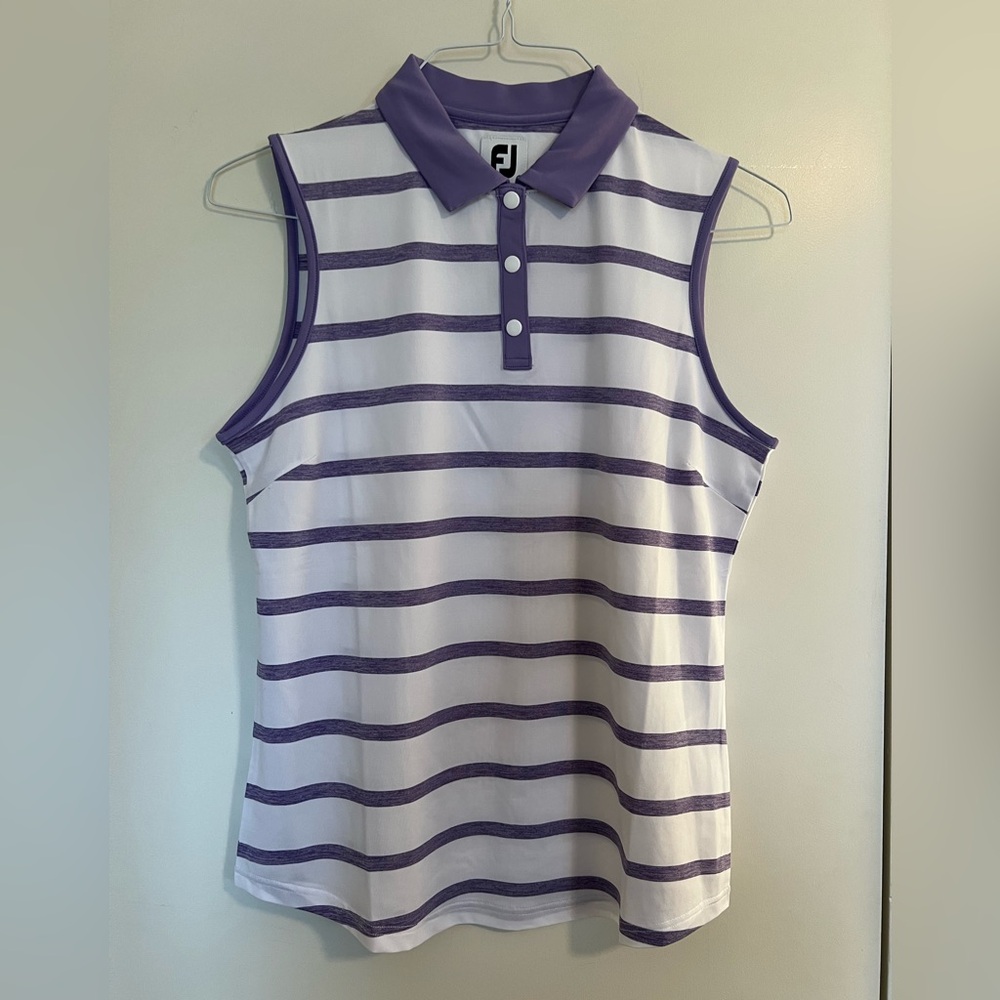 NWT FootJoy purple/white stripe sleeveless polo, size M